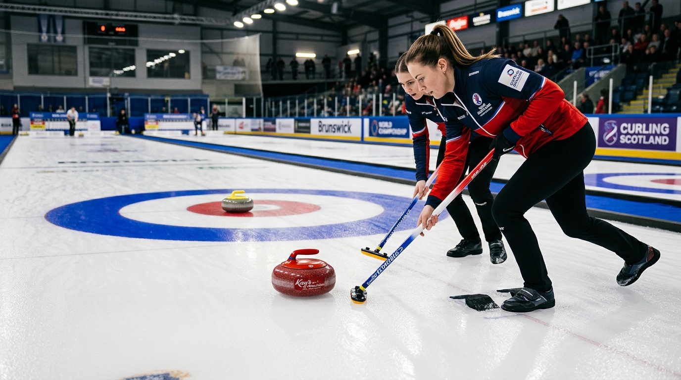 Curlingstenar glider mot boet på isen under sopning av curlingspelare