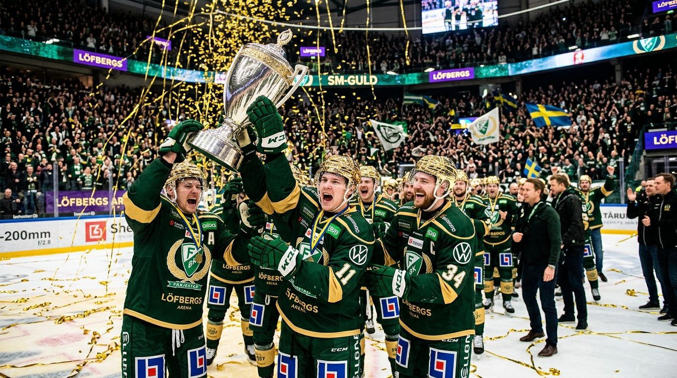 Svenska mästare i ishockey firar SM-guldet med Le Mat-pokalen och guldhjälmar på isen