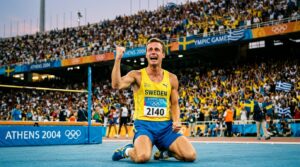 Stefan Holm firar OS-guldet i höjdhopp vid olympiska spelen i Aten 2004