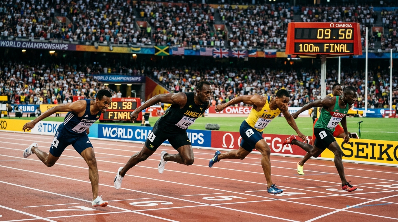 Sprinters i dramatisk målgång i en 100-metersfinal med digital tidvisning i bakgrunden