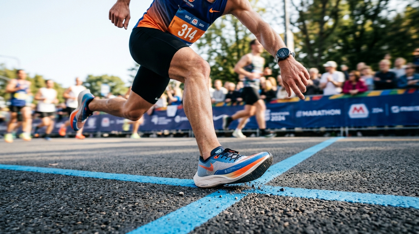 Närbild på en maratonlöpares steg över asfalten med löparklocka och distanslinje