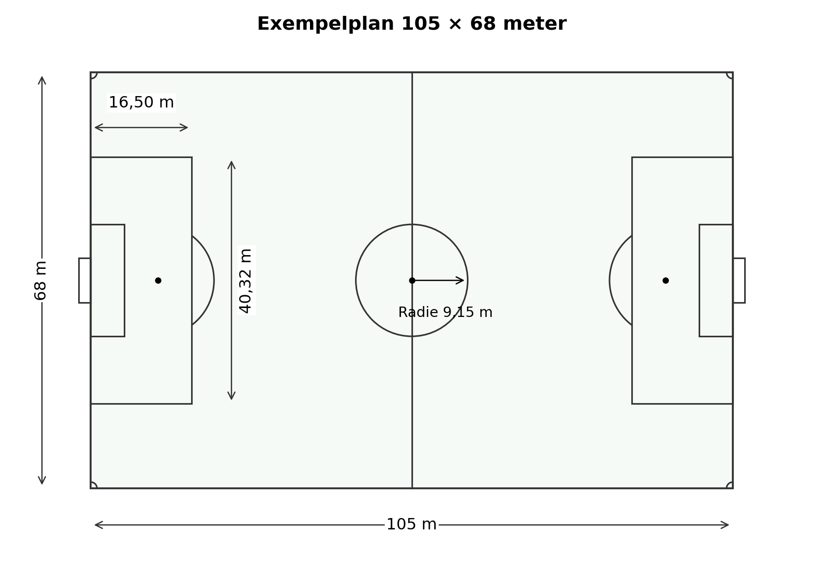 Skalenlig fotbollsplan 105 gånger 68 meter med straffområde och mittcirkel.